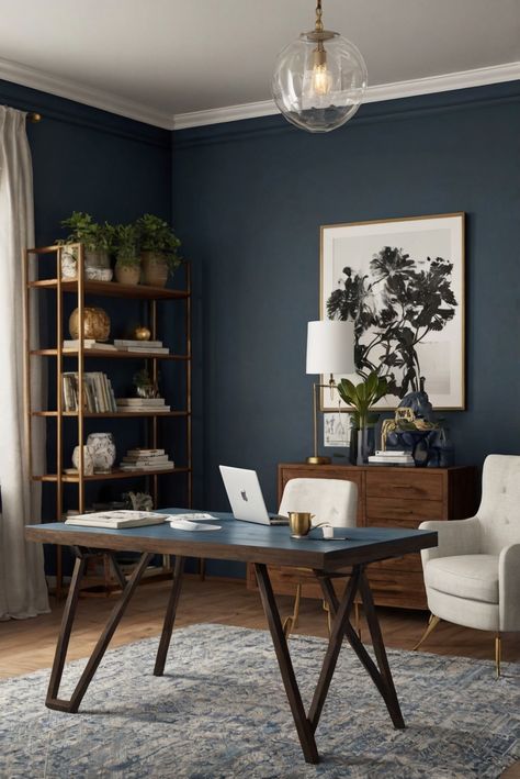 home office decor, bedroom office design, bedroom workspace, workspace design Navy Home Office Ideas, Home Study Inspiration, Dark Blue Office Aesthetic, Blue Wall Office Ideas, Colorful Home Office Decor, Dark Blue Office Ideas, Dusty Blue Office, Teal Office Walls, Office Ideas Blue