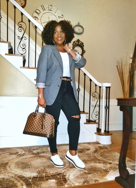 Blazer And Chucks Outfit, Blazers And Gym Shoes, Jordan 1 Business Casual Outfit Women, Fall Causal Outfits Black Women, Women Business Casual With Sneakers, Women’s Business Casual With Sneakers, Upscale Casual Outfit Black Women, Fall Outfits Women Black Woman Work, Business Casual Outfits Black Women Sneakers