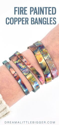 Did you know you can paint copper metal with flame? Make these Fire Painted Copper Bangles and add some gorgeous color to your jewelry box! Copper Colored Jewelry, Flame Painted Copper, Flame Painted Copper Jewelry, Flame Painting Copper, Copper Bracelet Benefits, Diy Copper Jewelry, Copper Diy Projects, Copper Element, Flame Painting