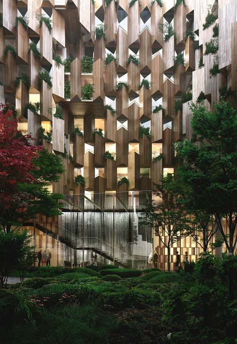 Kengo Kuma unveils design for Eco-Luxury Hotel comprised of wooden and plant covered facade Kengo Kuma Architecture, Luxury Hotel Design, Eco House Design, Hotel Facade, Kengo Kuma, Eco Luxury, Hotel Architecture, Green Architecture, Paris Hotels