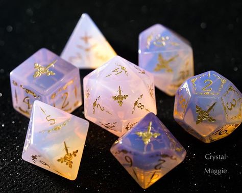 Pink Opalite Gemstone DnD Dice Set Engrave Font A Gold Ink | Etsy Cool Dnd Dice, Pretty Dice, Dice Goblin, Dragon Dies, Dnd Dice Set, Dungeons And Dragons Dice, Rose Motif, Rpg Dice, Dice Box