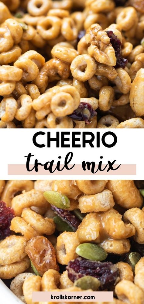 cheerios mixed with dried fruits, nuts and peanut butter Cheerio Mix Snacks Ideas, Breakfast Chex Mix Recipes, Dried Fruit Mix Recipes, Healthy Snacks For Softball Tournaments, Dried Fruit Trail Mix Recipes, Breakfast Trail Mix Recipes, Cheerios Snack Mix Recipes Healthy, Healthy Cheerio Snacks, Healthy Snack Mix Recipes Clean Eating