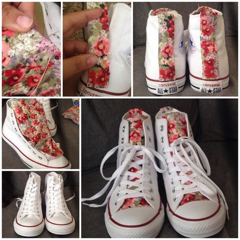 Floral Fabric added to white high top Converse. Upcycled Boots Diy, Upcycle Converse, Painted Boots Diy, Embroidery Shoes Diy, Canvas Shoes Diy, Upcycle Shoes, Style Taylor Swift, Sewing Bras, Boots Diy