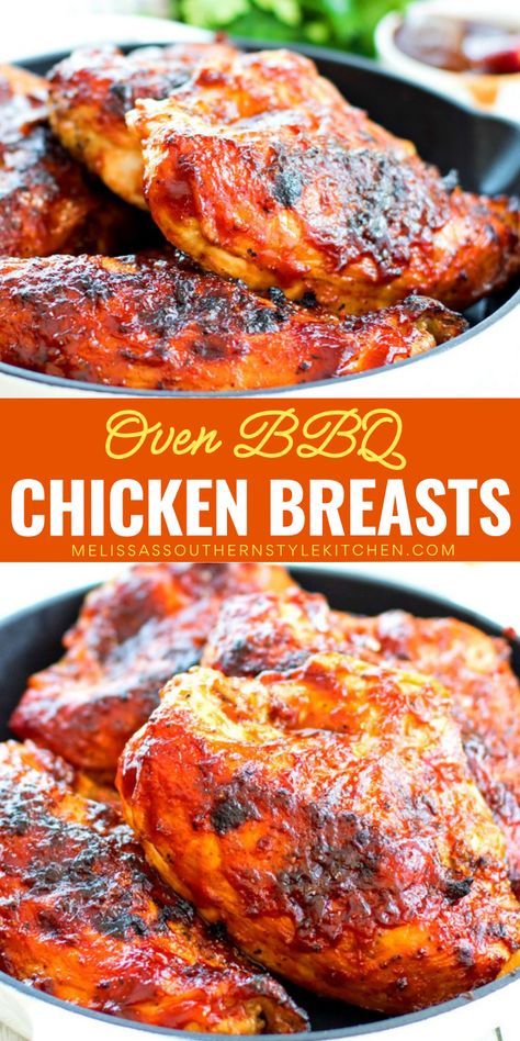 An easy to make chicken dinner idea! This juicy and tender Oven BBQ Chicken Breast is the perfect main course recipe! Brush with your favorite sweet and spicy BBQ sauce for a finger-licking deliciousness no one can resist! Oven Baked Bbq Chicken Breast Boneless, Barque Chicken Recipes Oven, Bbq Chicken Breast Recipes Oven, Baked Bbq Chicken Boneless, Bbq Chicken Breast Oven, Bbq Chicken Oven Baked, Bbq Chicken In Oven, Bar B Q Chicken, Oven Barbeque Chicken