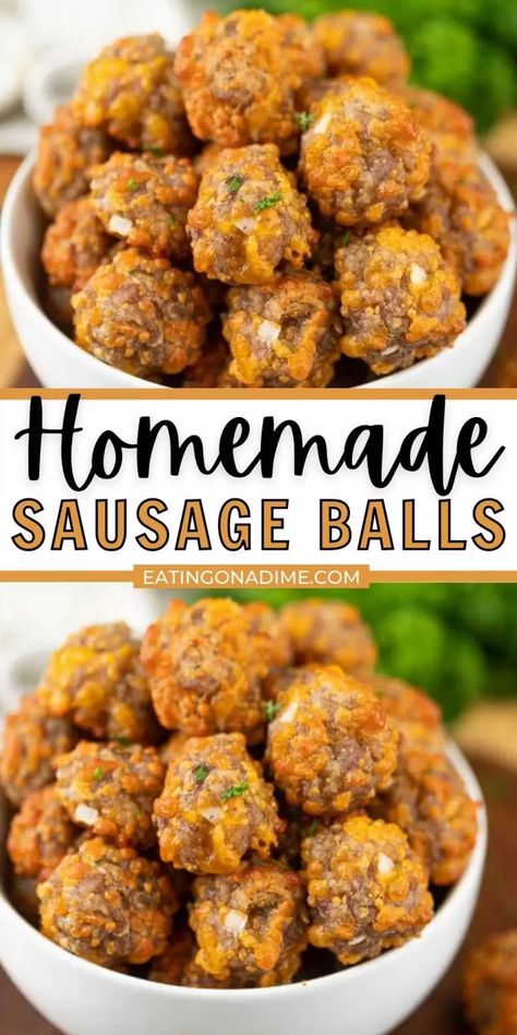 This is the original recipe for sausage balls using sausage, cheddar cheese and sausage. This is the perfect appetizer recipe for everything from tailgating to any party. Everyone will love these sausage cheese balls that are also easy to make! #eatingondime #sausageballsrecipe #appetizerrecipes #easyappetizers Easy Sausage Balls, Sausage Appetizer Recipes, Easy Sausage Balls Recipes, Recipe For Sausage, Ground Sausage Recipes, Cheese Balls Recipe, Sausage Cheese Balls, Sausage Appetizers, White Queso