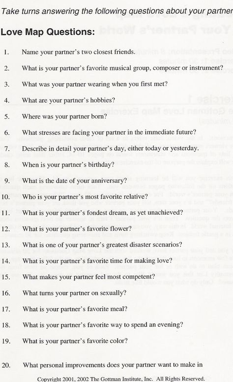 The Gottman Institute в Twitter: „Can you answer these 20 Love Map Questions about your partner? #relationships http://t.co/bhTmFfFXq0“ / Twitter Love Map, Relationship Therapy, Couples Counseling, Getting To Know Someone, Relationship Questions, 20 Questions, Couples Therapy, Marriage Counseling, Marriage Relationship