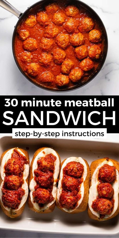 This meatball sandwich recipe takes 30 minutes from start to finish and will quickly become your family's favorite dinner! The secret ingredient that makes this meatball sub better than the rest is the garlic cheese bread base which prevents the bun from getting soggy! Meatballs Subs, Frozen Italian Meatballs, Meatball Sandwich Recipes, Meatball Sub Sandwiches, Meatball Sub Recipe, Homemade Garlic Butter, Meatball Sandwich, Garlic Cheese Bread, Meatball Subs