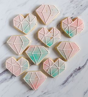 how to make Watercolor Geometric Heart and Gem Decorated Cookies Hexagon Cookies Decorated, Gem Cookies, Sugarbelle Cookies, Watercolor Gem, Gold Luster Dust, Caramel Shortbread, Sweet Sugarbelle, Watercolor Geometric, Simple Cookies