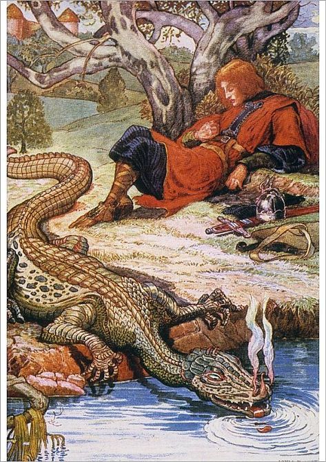 An A1 poster sized print, approx 23c33 inches (594x841 mm). ARTHUR: QUESTING BEAST.   King Arthur and the Questing Beast: illustration from a 1923 edition of The Story of King Arthur and His Knights. 1923, arthur, beast, dragon, fairy tale, illustration, king, questing beast, royal, sleep. Image supplied by Granger Art on Demand. Product ID:13134809_73045_0 Questing Beast, Beast Illustration, Beast King, Dragon Fairy, Roi Arthur, Fairy Tale Illustration, Poster Size Prints, King Arthur, Lausanne