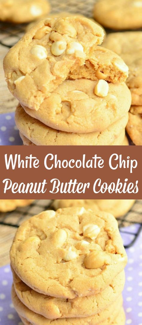 Peanut Butter Cookie Recipe Soft, White Chocolate Chip Cookies Recipes, Crunchy Peanut Butter Cookies, Chocolate Chip Peanut Butter Cookies, Peanut Butter White Chocolate, Peanut Butter Sandwich Cookies, Chewy Peanut Butter Cookies, Homemade Snickers, White Chocolate Chip