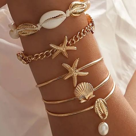 New Sealife Theme 5-Piece Stackable Bracelet Set Gold Dipped Bracelets Quotes, Braided Jewelry, Lds Jewelry, Bracelets Braided, Quotes Popular, Coastal Jewelry, Vacation Jewelry, Bracelets Beads, Popular Bracelets