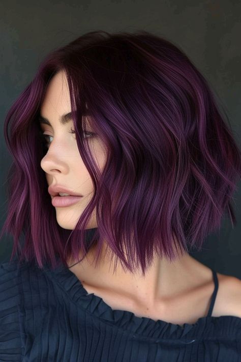 42+ Stunning Midnight Purple Hair Ideas - sfor3 Mauve Purple Hair Color, Burgundy Plum Hair Color Balayage, Violet Ash Brown Hair, Violet Bob Hair, Purple Hair Color Ideas Short Hair, Short Hair Bold Color Ideas, Purple To Black Hair, Plum Coloured Hair, Dark Purple Bob Hair