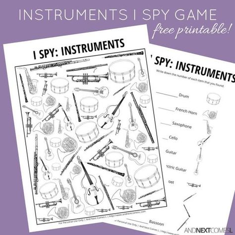 Musical Instruments Themed I Spy Game {Free Printable for Kids} Music Games For Kids, Spy Games For Kids, Instruments Of The Orchestra, Instrument Families, Kindergarten Music, Music Camp, Music Lessons For Kids, Homeschool Music, I Spy Games