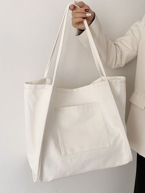 White Fashionable   Canvas Plain Shoulder Tote Bag    Women Bags Shopping Bag Design Fabric, Bakery Merchandise, Blank Tote Bag, Tote Bag Outfit, Minimal Bags, Shopping Bag Design, Desain Tote Bag, Sacs Tote Bags, Tote Bag With Pockets