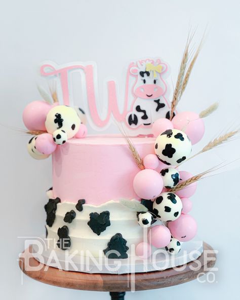 Buttercream Pink Cow Cake Girl Cow Cake Girly Cow Cake Pink Cow Cake 2nd Birthday, Pink Cow Cake Ideas, Cow Girl Cake Ideas, Cow Pink Cake, Moo Moo I’m Two Birthday Cake, Cow Heart Cake, Pink Farm Cake 2nd Birthday, Holy Cow I’m One Smash Cake Girl, Farm Cake For Girl