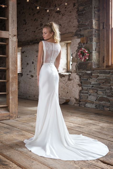 Style 1104: High-Neck Satin Dress with Lace Square Back | Sweetheart Gowns Wedding Dresses Sleeveless, Simple Bridal Gowns, Satin Mermaid Wedding Dress, Inexpensive Wedding Dresses, Simple Wedding Gowns, High Neck Wedding Dress, Simple Gowns, Aline Wedding Dress, Mermaid Wedding Dresses