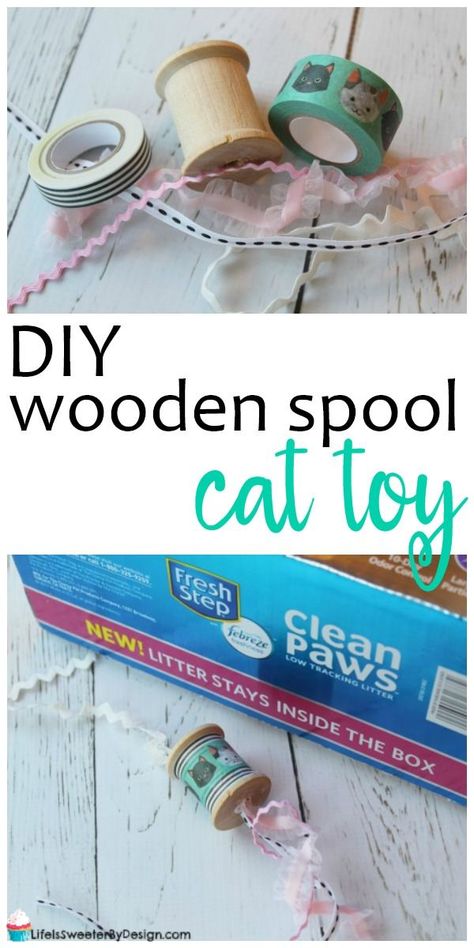 DIY wooden spool cat toy is a quick and easy project. Using a wooden spool, washi tape and ribbon..this is a really cute cat toy! #ad #LoveTheseCleanPaws #DIY #craft #cats Cat Enrichment, Homemade Cat Toys, Diy Cat Toys, Cats Diy Projects, Cat Activity, Wooden Spool, Hemma Diy, Kitten Toys, Cleaning Toys