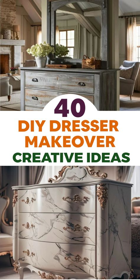 Transform your bedroom decor with these creative DIY dresser makeover ideas that will refresh your furniture and revamp your space into a chic retreat. Explore the power of a fresh coat of paint, stylish hardware, or unique embellishments to give your tired dresser a new lease on life. Turn it into a striking focal point that mirrors your personal style and design flair. It's time to get hands-on and elevate your dresser to steal the spotlight in the room! Styling A Dresser Top Master Bedrooms, Styling A Dresser Top, Diy Dresser Makeover Ideas, Styling A Dresser, Wood Dressers Makeover, Dresser Makeover Ideas, Dresser Remodel, Custom Dresser, Repurposed Dresser