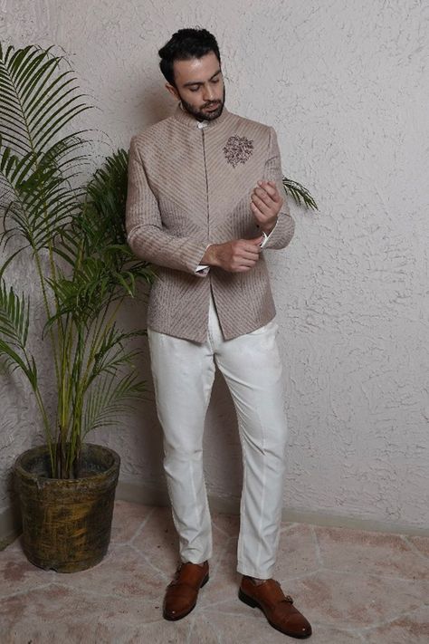 Buy Beige Terry Wool Striped Bandhgala Set For Men by Soniya G Online at Aza Fashions. Beige Bandhgala Suit Men, Wedding Attire Men Indian, Mens Outfit For Engagement, Wedding Outfit Men Traditional, Bandhgala Suit Men Receptions, Men Bandhgala Suits, Traditional Men’s Clothing, Men’s Wedding Looks, Bandgala For Men Indian Weddings