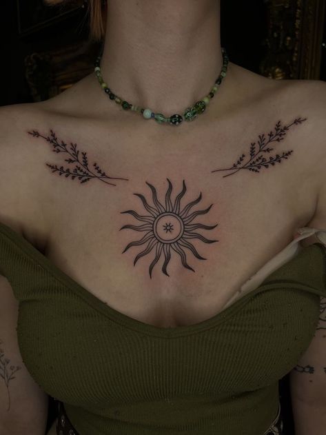 Neotraditional Mandala Tattoo, Small Womens Chest Tattoo, Chest Collarbone Tattoo Female, Flower Chest Tattoo Female Upper, Lavender Chest Tattoo, Sun On Chest Tattoo, Chest Line Tattoo, Symmetrical Chest Tattoo Female, Witchy Collar Bone Tattoo