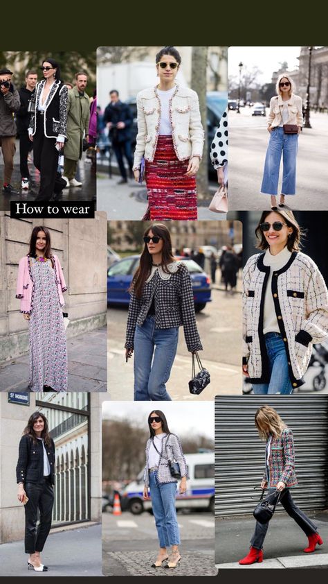 Ways of styling the tweed/boucle jacket streetstyle Tweed And Leather Outfit, Tweed Jacket And Jeans Outfit, Tweed Jacket Outfit 2023, Boucle Jacket Street Style, Oversized Tweed Jacket, Chanel Tweed Jacket Street Style, Long Tweed Jacket Outfit, Tweed Jacket Street Style, Tweet Jacket Outfit