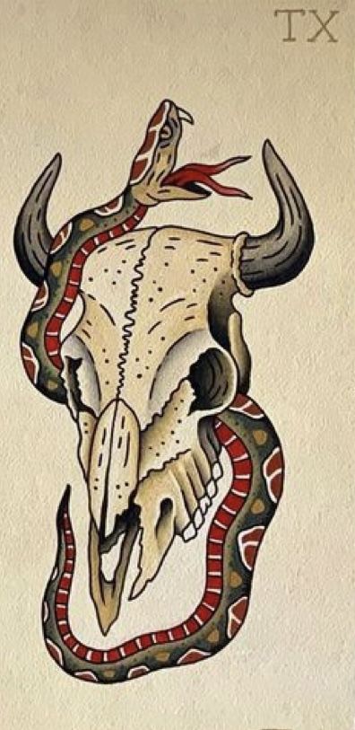 American Classic Tattoo, Traditional Tattoo Painting, Cow Skull Tattoos, Revolver Tattoo, Western Tattoo, Traditional Tattoo Drawings, Bull Skull Tattoos, Traditional Tattoo Flash Art, Cowboy Tattoos