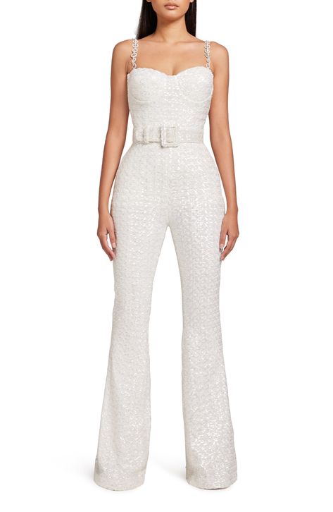 Turn heads in this lustrous evening-out jumpsuit designed with twinkling sequins and embellished straps. 55" length; 34 1/2" inseam; 28" leg opening (size 8) Back zip closure Sweetheart neck Sleeveless Lined 94% polyester, 6% elastane Hand wash, dry flat Imported White Disco Outfit Bachelorette, White 70s Jumpsuit, Sparkly Bride Bachelorette Outfit, Bridal Nashville Outfits, Disco Bride Outfit, Romper Wedding Dress, Bridal Loft, Disco Video, White Bachelorette Party Outfit