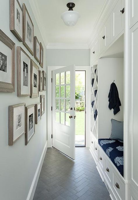 White and Blue Long Mudroom with Gray Herringbone Tile Floor Long Mudroom, Narrow Mudroom, Gray Herringbone Floor, Gray Herringbone Tile, Vstupná Hala, Herringbone Tile Floors, Entryway Flooring, Shiplap Walls, Elegant Lifestyle