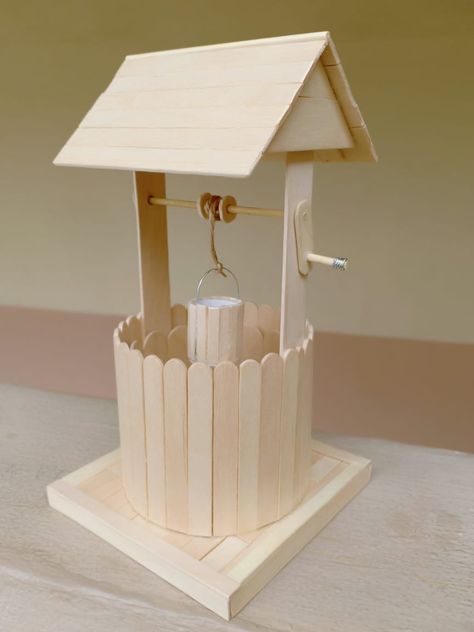 Popsicle Stick House, Stick House, Popsicle Stick Crafts House, Popsicle Stick Houses, Diy Popsicle Stick Crafts, Stick Wall Art, Fairy Garden Furniture, Popsicle Crafts, Doll Furniture Diy