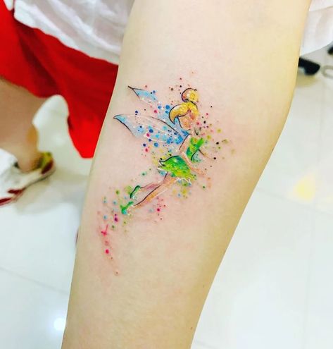 Disney Watercolor Tattoo, Harry Potter Tattoo Sleeve, Tinker Bell Tattoo, Disney Inspired Tattoos, Disney Sleeve Tattoos, Watercolour Tattoos, Beauty And The Beast Tattoo, Disney Tattoo, Hummingbird Tattoo