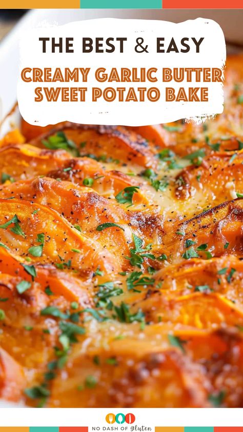 This Creamy Garlic Butter Sweet Potato Bake is the ultimate side dish—creamy, garlicky, and loaded with parmesan. Simple to make and sure to impress at any gathering! Save this recipe for a cozy family dinner or your next holiday feast. You’ll want to make it again and again. Try it out today! Garlic Sweet Potato Recipes, Healthy Loaded Sweet Potato, Gluten Free Side Dishes Thanksgiving, Creamy Sweet Potatoes, Meals With Sweet Potatoes Dinners, Potato And Sweet Potato Recipes, Low Calorie Sweet Potato Recipes, Sides To Go With Ribs, Side Dishes Sweet Potato