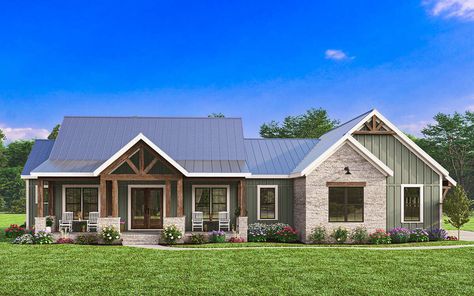 Modern Craftsman Farmhouse, Modern Ranch House, Property Ideas, Farmhouse Vibes, Floor Plans Ranch, Basement House Plans, Lake Houses, House Plans One Story, Small Lake