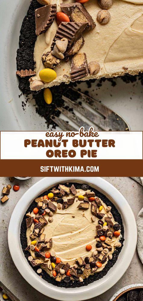 This Peanut Butter Oreo Pie features an Oreo crust, a smooth and creamy peanut butter filling, and topped with peanut butter cups and chips! A peanut butter lover's dream dessert! Peanut Butter Oreo Pie, Peanut Butter Pie With Oreo Crust, Oreo Peanut Butter Pie, Peanut Butter Desserts Easy, Healthy Peanut Butter Recipes, Peanut Butter Recipes Easy, Dream Dessert, Butter Desserts, Skippy Peanut Butter