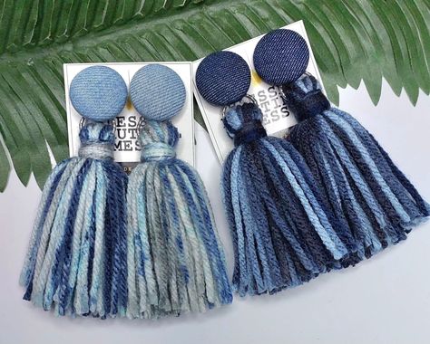 Inbox me to place your order today Button Earrings Long $19.50 Medium $17.50 pictured Short $15.50 Yarn Tassel Earrings Short $8.50 Medium $10.50 pictured Large $12.50 Soap Dove, Yarn Tassel Earrings, Denim Accessories Jewelry, Denim Tassel, Yarn Earrings, Yarn Tassel, Crochet Necklace Pattern, Denim Earrings, Denim Crafts Diy