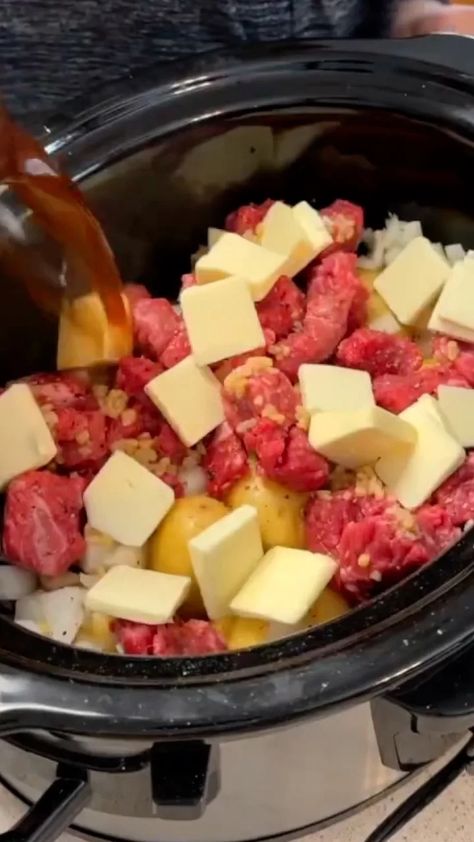 Crockpot Garlic Butter Beef and Potatoes - Madison Loethen Beef Cutlets Recipes Crockpot, Garlic Beef And Potatoes, Stew Meat Potatoes Crock Pot, Crockpot All In One Meals, Crockpot Buttery Beef And Potatoes, Crockpot Recipes Using Stew Meat, Large Crockpot Meals For A Crowd, Beef Tips Potatoes Crock Pot, Easy Crockpot Recipes With Potatoes