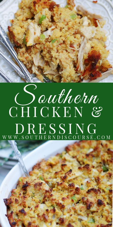 Southern Chicken and Dressing - southern discourse Southern Chicken And Dressing, Chicken And Cornbread Dressing, Southern Dressing Recipe, Chicken Dressing Recipe, Chicken And Cornbread, Chicken And Dressing, Mother Clucker, Chicken And Dressing Casserole, Dinner 2023