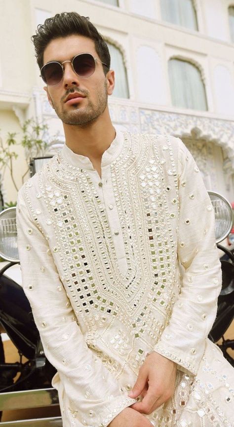 Work Men Outfit, Kurta Design For Men, Mirror Work Kurta, Sheesh Mahal, Nerd Boyfriend, Dress Stitching, Indian Wedding Clothes For Men, Wedding Kurta, Shoes Guide