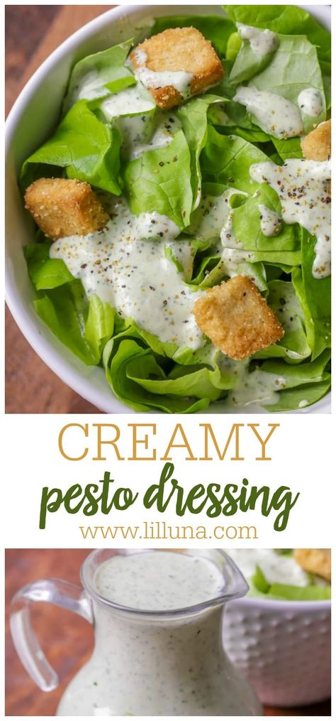 This simple creamy pesto dressing is delicious on any salad! Plus, it only requires 5 ingredients and 5 minutes to make.  #creamypestodressing #pesto #creamysaladdressing #pestodressing #saladdressing Creamy Pesto Dressing, Dressings Recipes, Spaghetti Factory, Pesto Salad, Pesto Dressing, Creamy Salad Dressing, Creamy Dressing, Creamy Pesto, Homemade Salads