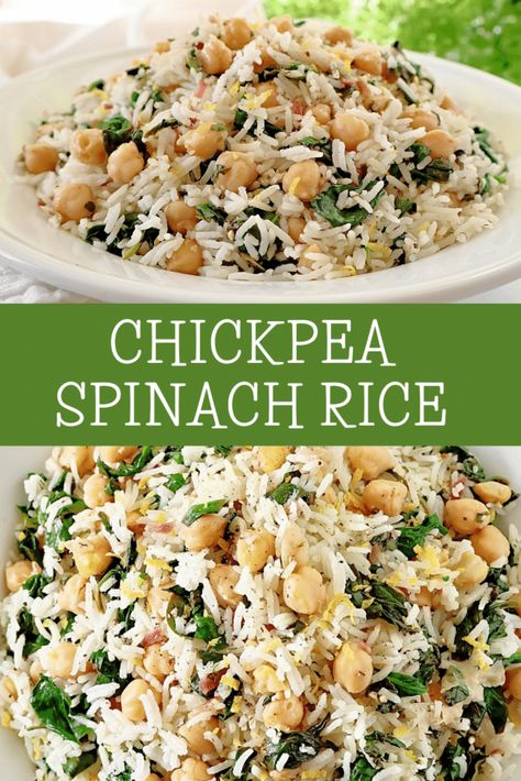 Chickpea Spinach Rice ~ Simple and flavorful rice dish featuring chickpeas, fresh spinach, zesty lemon, and aromatic dill. Spinach With Chickpeas, Spinach Chickpea Recipes, Greek Spinach Rice Recipe, Chick Peas And Rice Recipes, Rice Spinach Recipe, Simple Rice Dish, Rice And Chickpea Recipes, Rice And Spinach Recipes, Rice Vegetable Recipes