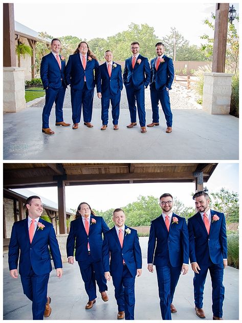 Awesome groomsmen party in navy blue and coral. Such fun colors for a fall wedding! Love their full suits, and the tan shoes as well. Taken at THE SPRINGS Event Venue in McKinney, Stone Hall. Book your free tour today! #groomsmen #groomsmeninnavyblue #navybluecoralwedding #fallwedding #fallgroomsmen Navy Blue And Coral Wedding Groomsmen Groom Attire, Coral Navy Blue Wedding, Navy Blue And Coral Wedding Theme, Navy Coral Wedding, Coral And Royal Blue Wedding, Coral Groomsmen Attire, Coral Wedding Party, Navy Blue And Coral Wedding, Blue And Coral Wedding