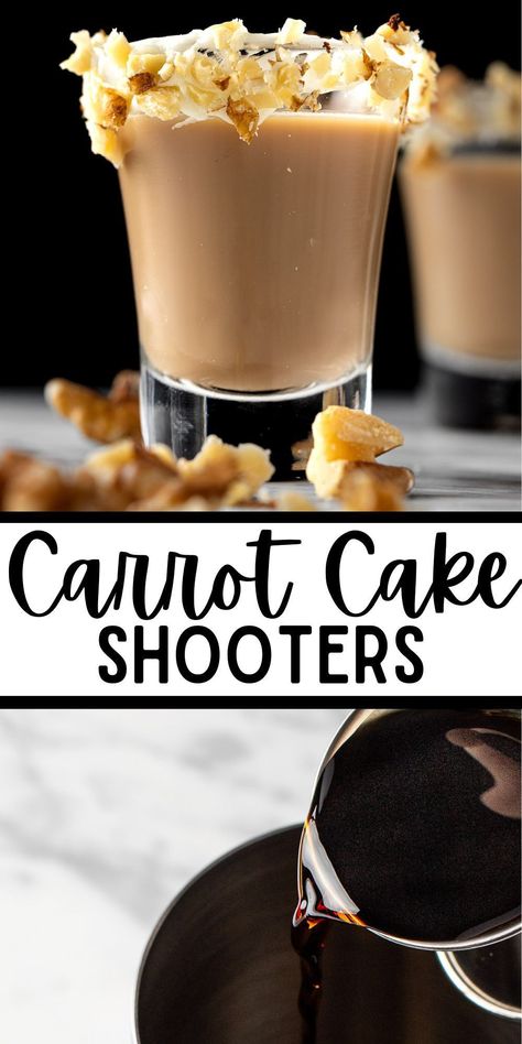 This carrot cake shot is a fun and easy shot recipe made with only 4 ingredients. Make these creamy dessert shots for your next party! Alcohol Shots Party, Pecan Pie Shots, Carrot Cake Pudding Shots, Carrot Cake Shots, Carrot Cake Cocktail, Easy Alcoholic Shots, Creamy Shots Alcohol, Popular Shots Recipes, Charcuterie Shots