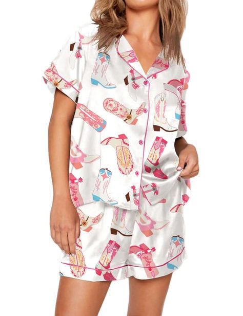 Summer Sleepwear, Cute Pjs, Cute Pajama Sets, Nashville Outfits, Cute Pajamas, Satin Pyjama Set, Western Cowboy Boots, Pajamas Set, Short Pajama Set