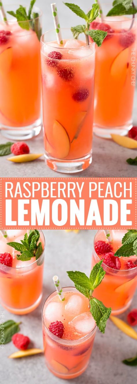 Suurlemoen Stroop, Raspberry Peach Lemonade, Flavored Lemonade, Peach Raspberry, Homemade Lemonade Recipes, Chunky Chef, Resep Smoothie, Peach Lemonade, Drink Recipes Nonalcoholic