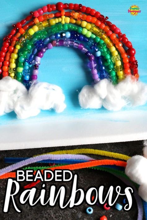 Preschoolers and Elementary kids will strengthen their fine motor skills and learn about colour order and colour families while making these bead and pipe cleaner rainbows for St. Patrick's Day. #HappyHooligans #St. Patricks #Bead #PipeCleaner #Rainbow #Craft #Kids #Prechooler #Elementary #FineMotor #Spring