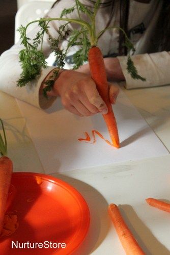 Easter art with carrots, spring writing activity, sensory writing, spring mark making idea Early Years Harvest Activities, Easter Early Years Activities, Eyfs Plants And Growing, Autumn Vegetables Craft Kids, Planting And Growing Eyfs Activities, Food Topic Eyfs, Growing Eyfs Activities, Eyfs Growing Topic, Harvest Eyfs Activities