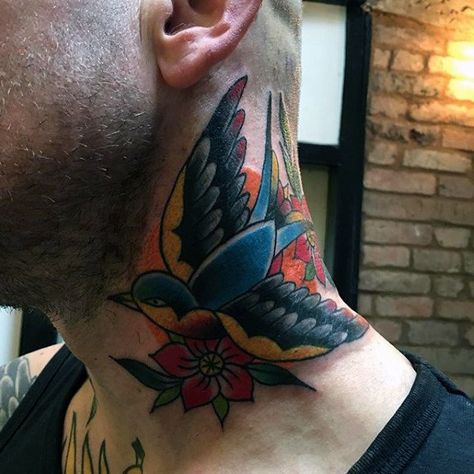 70 Traditional Swallow Tattoo Designs For Men - Old School Birds Mens Swallow Tattoo, Swallow Neck Tattoo, Traditional Tattoo Neck, Swallow Tattoo Ideas, Golondrinas Tattoo, Traditional Swallow, Traditional Swallow Tattoo, Swallow Tattoo Design, Swallow Bird Tattoos