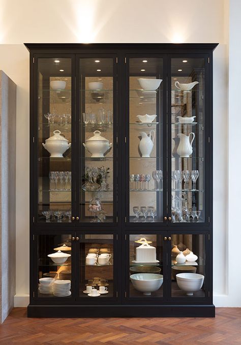 Black Crockery Unit, Glass Cupboard Design, Modern China Cabinet Display, Glass Cabinet Design, Crockery Cabinet Design, Dish Cabinet, Vitrine Design, Crockery Cabinet, Crockery Unit Design