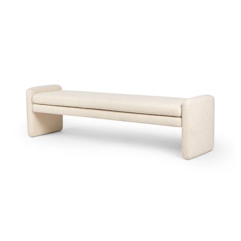 Cream, boucle-like upholstery covers a long, sophisticated dining bench.Product Overview Color: Durham Cream Dimensions: 70"W x 18"D x 19"H Materials: 61% Polyester, 39% Wool, Poplar Plywood, 100% Polyester Weight: 48.5 lb Additional Details Arm Height from Floor: 19" Arm Height from Seat: 2" Arm Width: 3.25" Seat Dept Upholstered Bench Bedroom, Upholstered Bedroom, Accent Bench, Accent Seating, Modern Ottoman, Ottoman Stool, Bench Stool, Modern Bench, Bedroom Bench