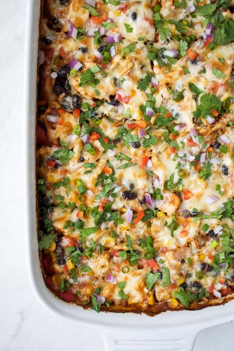 Chicken Burrito Casserole - Stephanie Kay Nutrition Chicken Burrito Casserole, Burrito Casserole, Chicken Burrito, Chicken Burritos, Casserole Dish, Bell Pepper, Healthy Chicken, One Pot Meals, Weeknight Meals