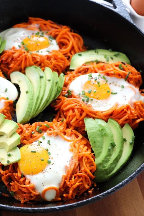 Spiralized Sweet Potato Egg Nests | Dash of Savory Irish Potato Bread, Sweet Potato Egg, Spiralized Sweet Potato, Sliced Avocado, Pumpkin French Toast, Egg Nest, Spiralizer Recipes, Cooking Sweet Potatoes, Potato Bread